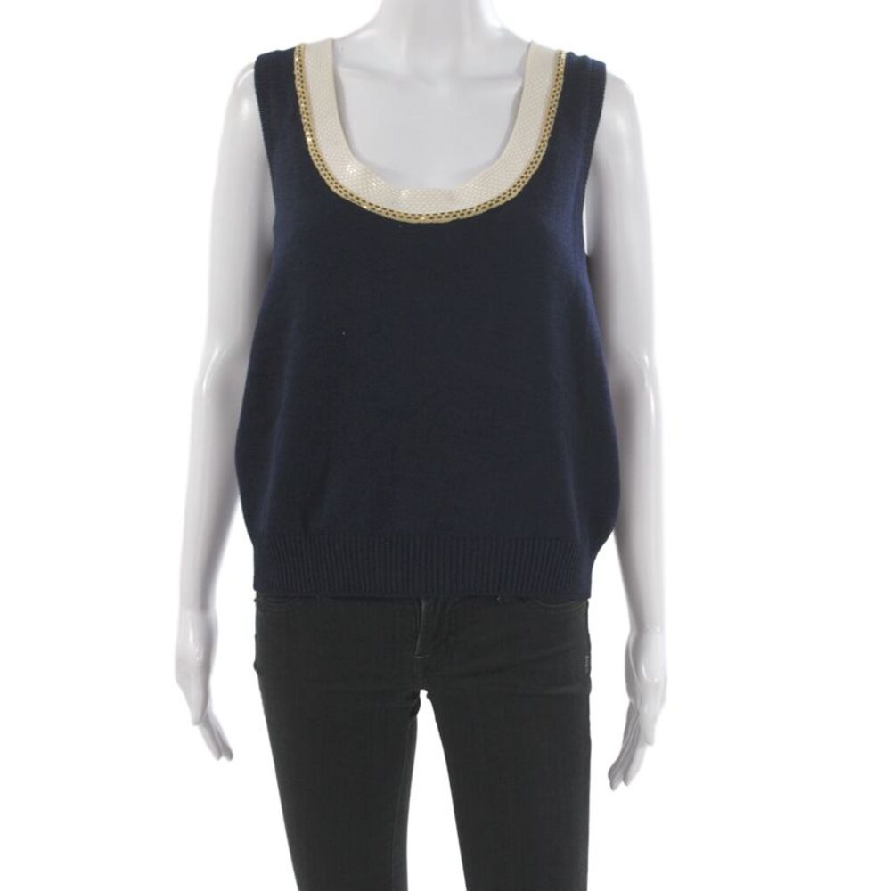 St. John Evening Women Sleeveless Tank Dark Blue Cotton Round Neck Size 14